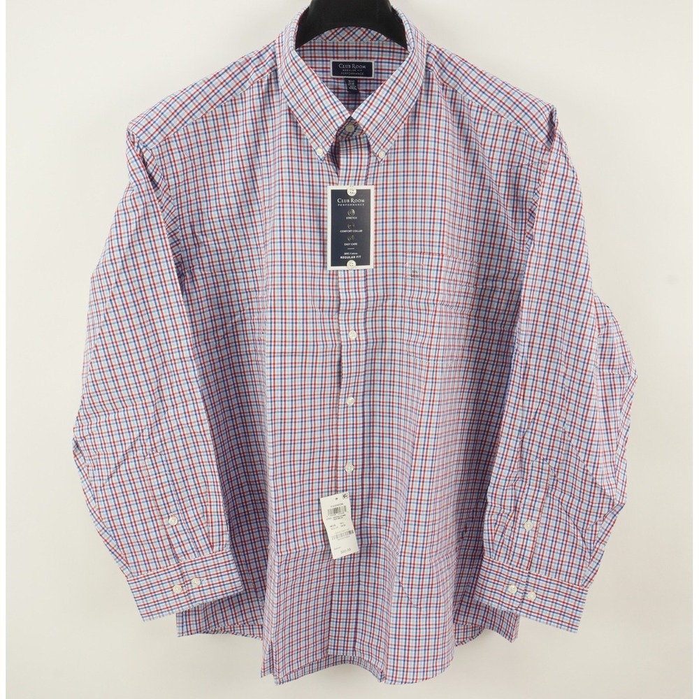 New Club Room Performance Men's 18 34-35 Red Blue Plaid Button Down Dress Shirt